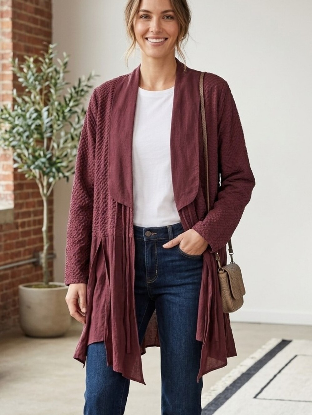 Spain In America 100% Silk Antique Damask Jacket Burgundy Cardigan Large Boho